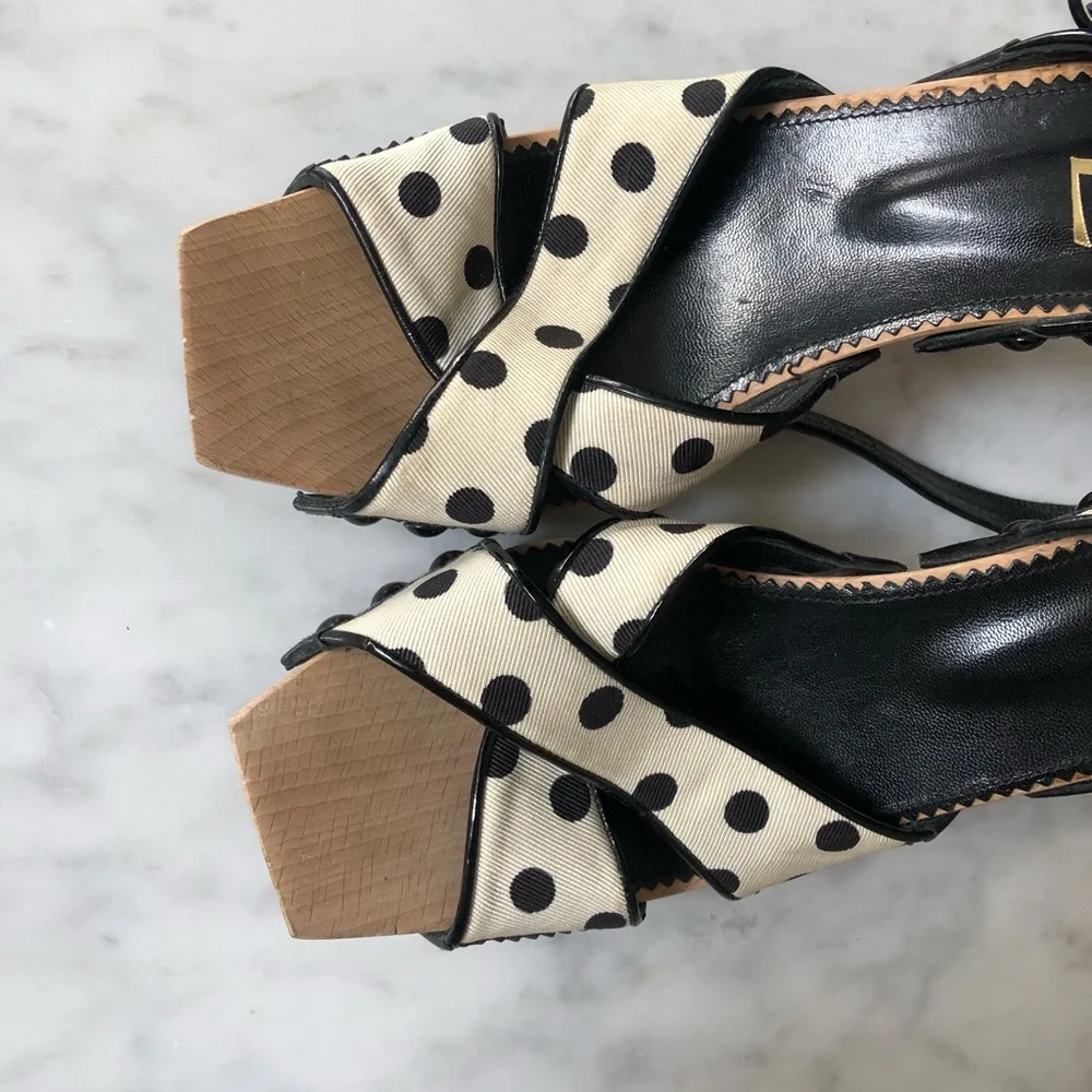 Yves Saint Laurent Black and Cream Polka Dot Slingback Heels